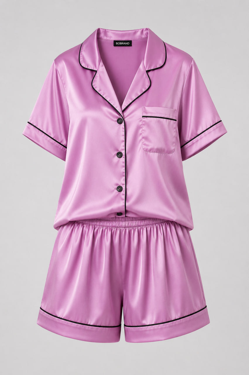 Жіноча шовкова піжама BOBRAND "Pink Satin" (з шортами, колір чорний)
