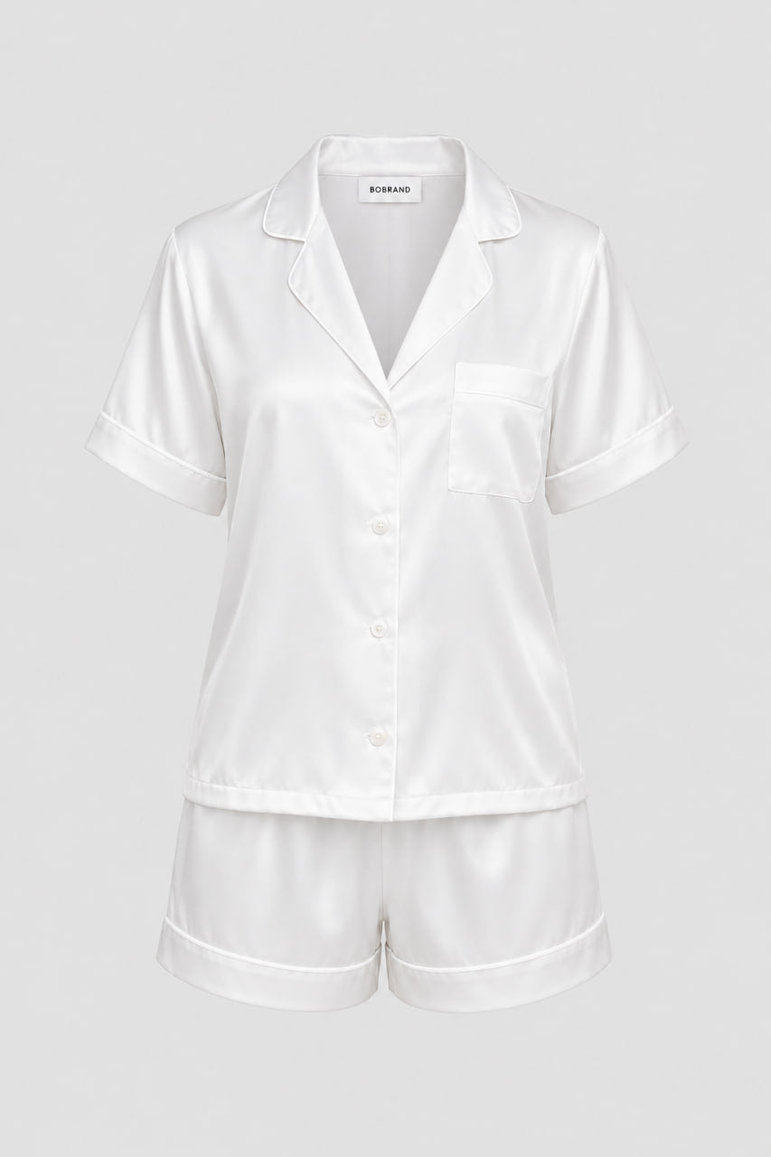 Жіноча шовкова піжама BOBRAND “Total White” (з шортами, колір білий)