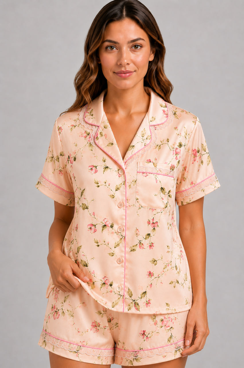 Піжамний комплект BOBRAND Floral Summer бежевого кольору на моделі