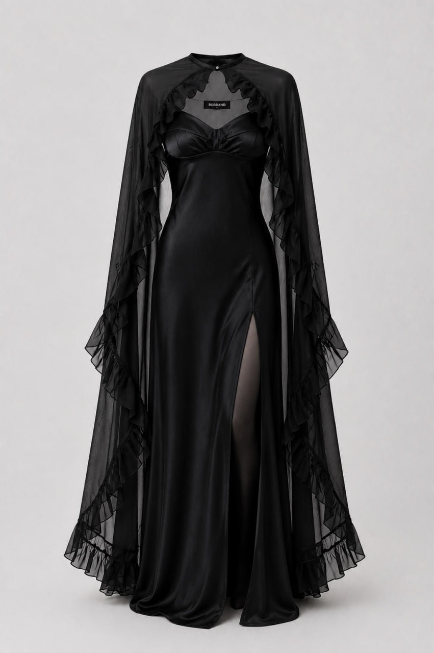 Жіноча шовкова нічна сорочка з накидкою BOBRAND “Lady Intrigue” (колір чорний)