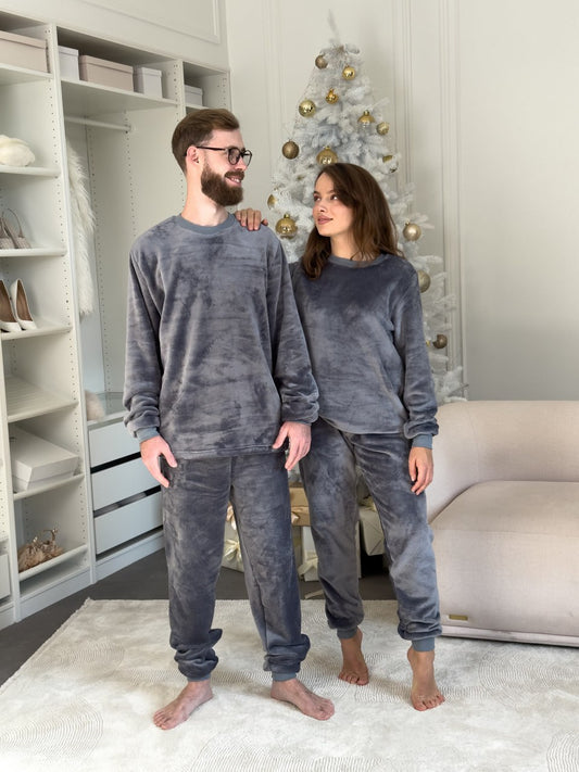 Парні теплі піжами з велсофту (сірі) — Пухнастий комплект для чоловіка та жінки