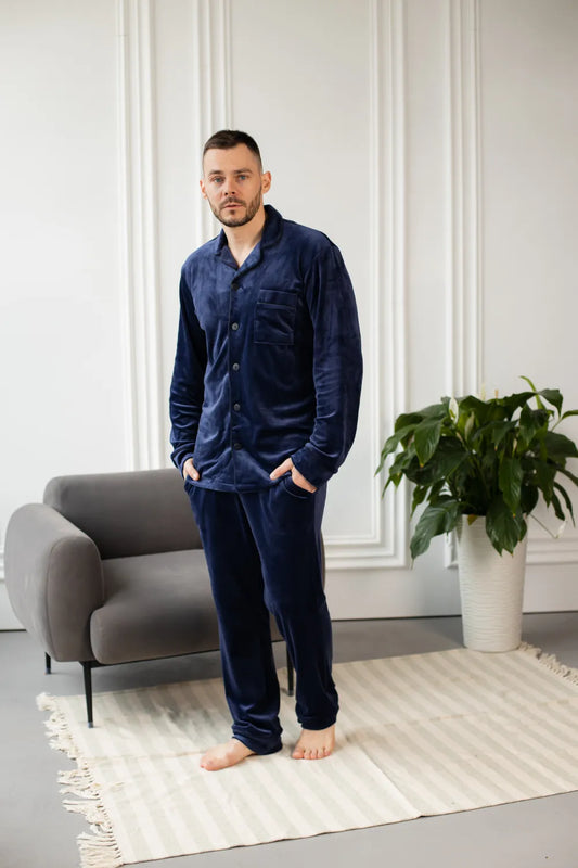 Тепла чоловіча піжама з м’якого велюру, синій колір, флісова піжама чоловіча, ідеальна для зимових вечорів.  