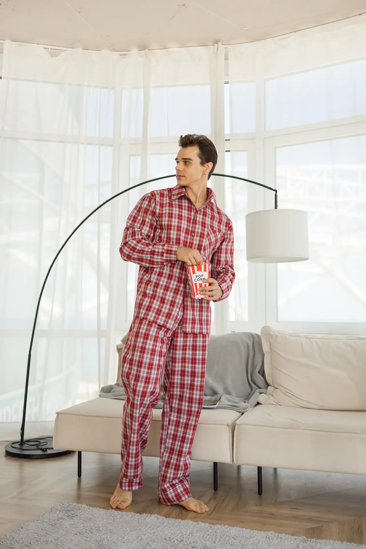 Тепла чоловіча піжама з клітинкою, байкова тканина, комплект сорочка і штани, колір червоний