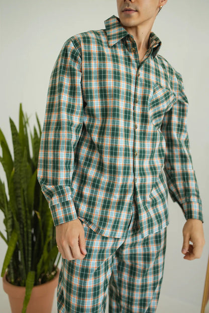 Чоловіча піжама в клітинку з байкової тканини, сорочка та штани, зелений колір 