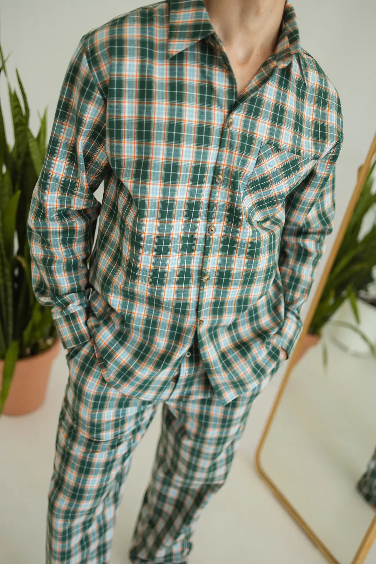 Тепла чоловіча піжама з клітинкою, байкова тканина, комплект сорочка і штани, колір зелений