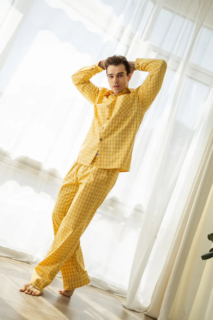 Стильна чоловіча піжама в клітинку, байковий матеріал, жовтий, включає сорочку та штани  