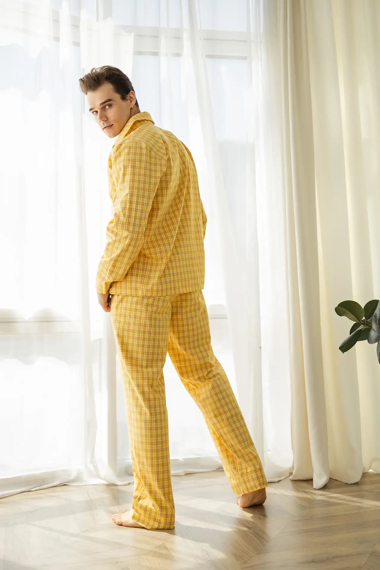 Тепла чоловіча піжама з клітинкою, байкова тканина, комплект сорочка і штани, колір жовтий