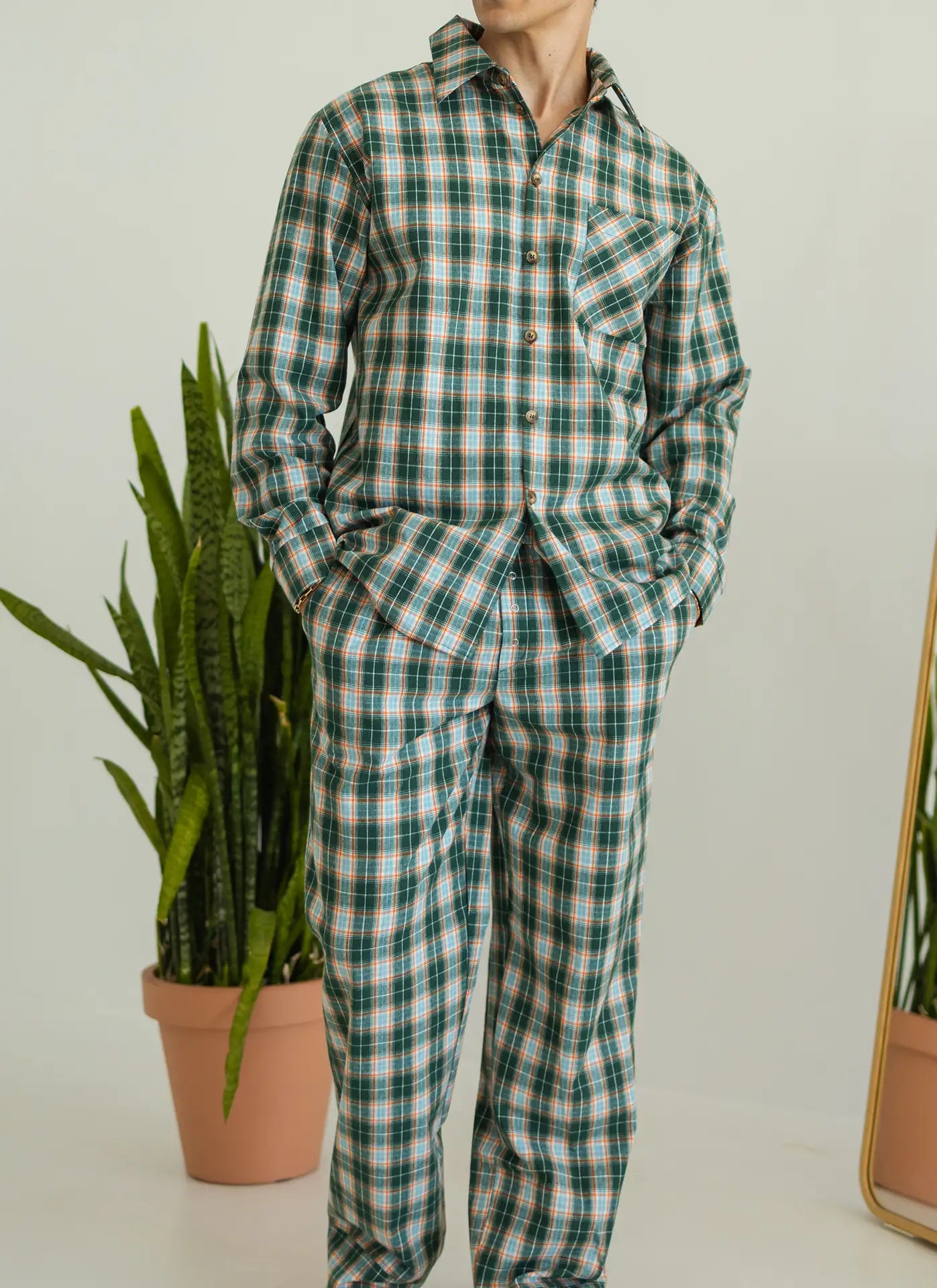 Комфортна чоловіча піжама в клітинку, байка, зелений, комплект сорочка + штани