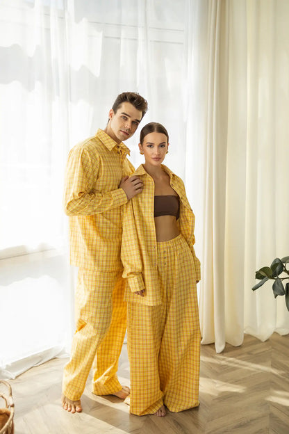 Чоловіча піжама в клітинку з байкової тканини, сорочка та штани, жовтий колір 
