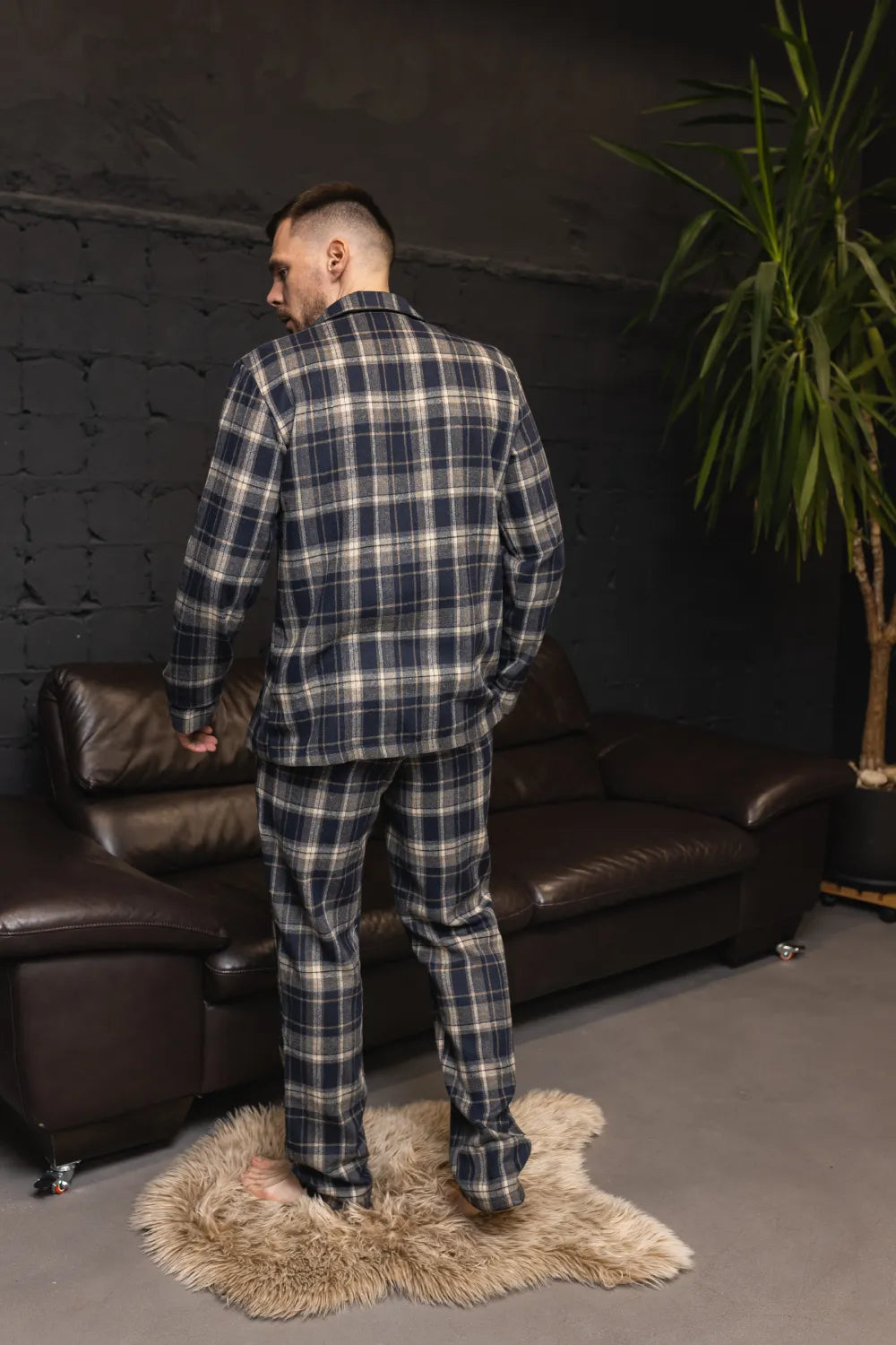 Чоловіча піжама в клітинку, бавовняний котон, коричнево‑синій, сорочка та штани – тепла чоловіча піжама, ідеальна зимова піжама для комфортного сну.  
