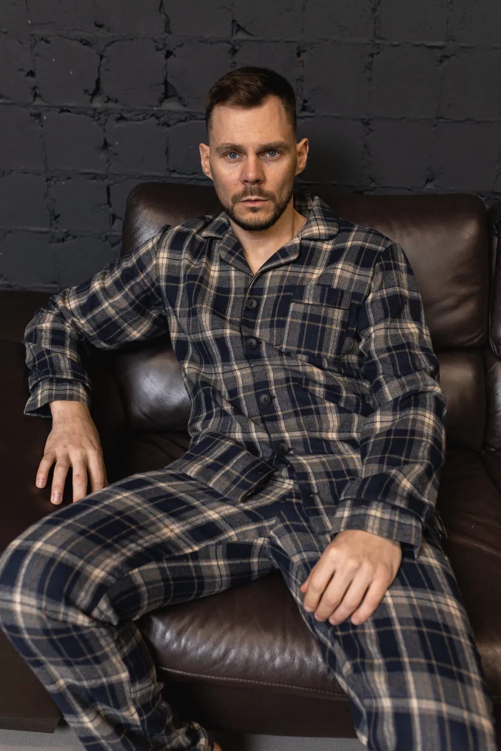 Чоловіча піжама в клітинку, бавовняний котон, коричнево‑синій, сорочка та штани – тепла чоловіча піжама, ідеальна зимова піжама для комфортного сну.  