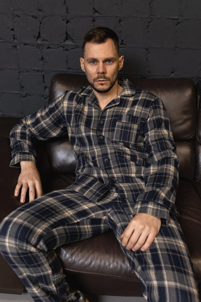 Чоловіча піжама в клітинку, бавовняний котон, коричнево‑синій, сорочка та штани – тепла чоловіча піжама, ідеальна зимова піжама для комфортного сну.  