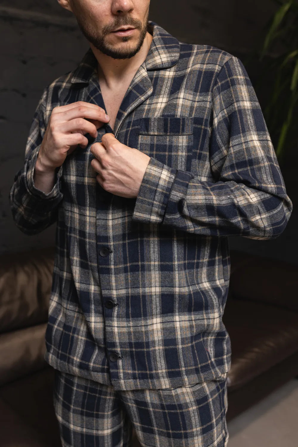 Чоловіча піжама в клітинку, бавовняний котон, коричнево‑синій, сорочка та штани – тепла чоловіча піжама, ідеальна зимова піжама для комфортного сну.  