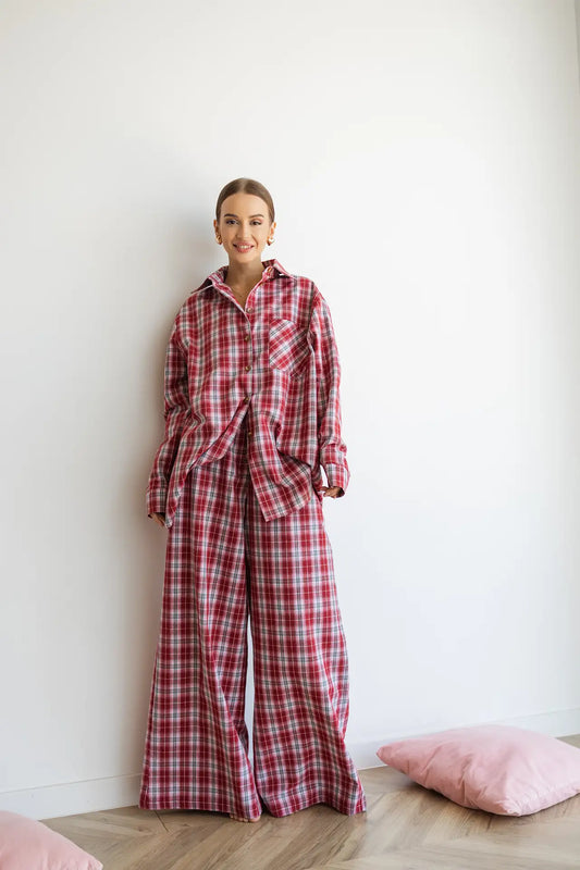 Жіноча піжама тепла в клітинку, колір червоний, з байки, довгий рукав, штани – ідеальна для зимових ночей  
