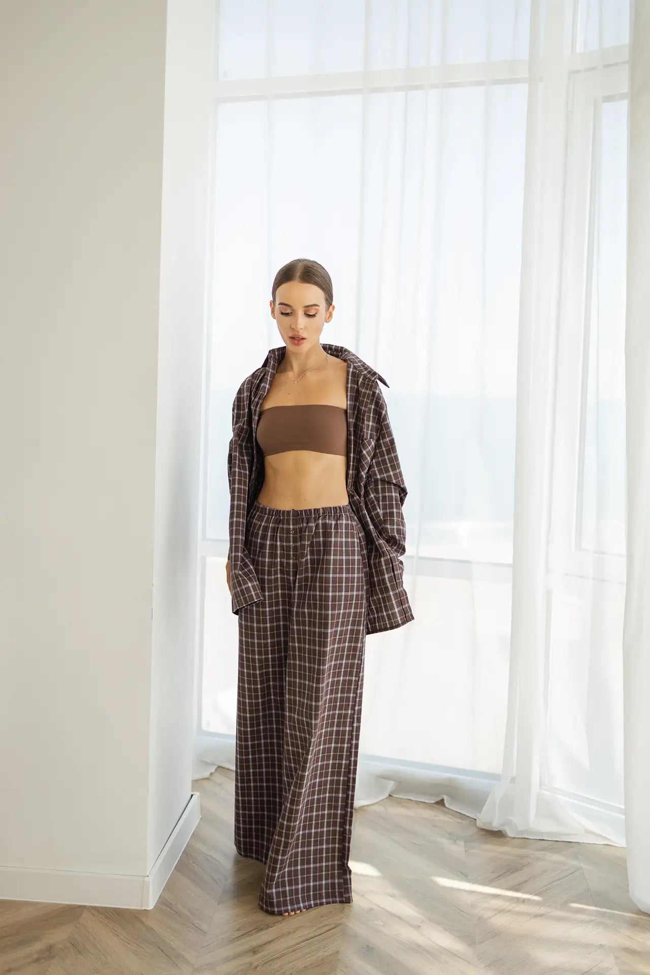 Тепла жіноча піжама в клітинку з байки, колір шоколад – довгий рукав, штани, ідеальна для холодних вечорів  