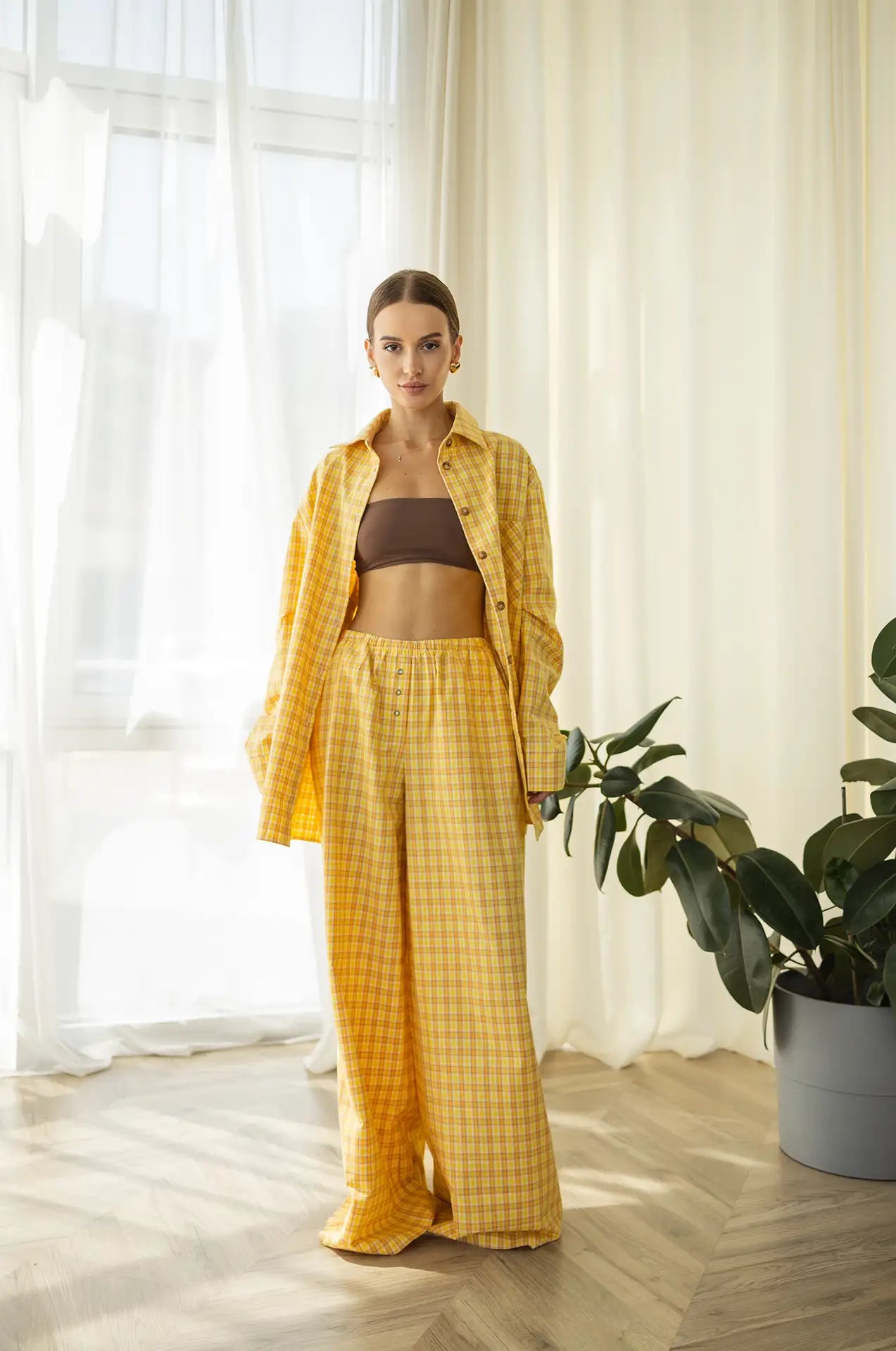 Жіноча піжама тепла в клітинку, жовтий, з байки, довгий рукав, штани – ідеальна для зимових ночей
