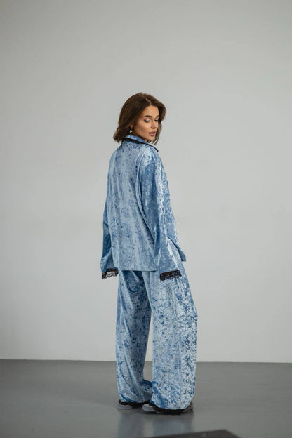 Жіноча піжама Тепла, Мармуровий Велюр плюш . Сорочка  та штани . Колір Блакитний QC