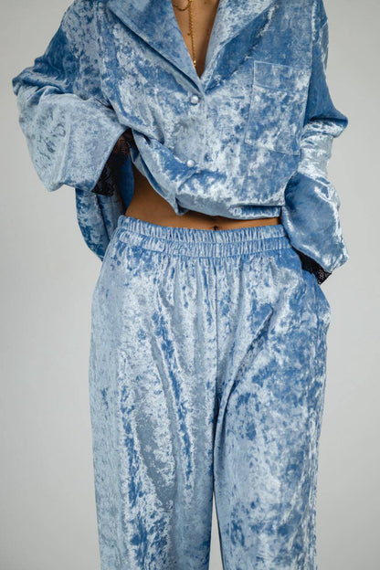 Жіноча піжама Тепла, Мармуровий Велюр плюш . Сорочка  та штани . Колір Блакитний QC