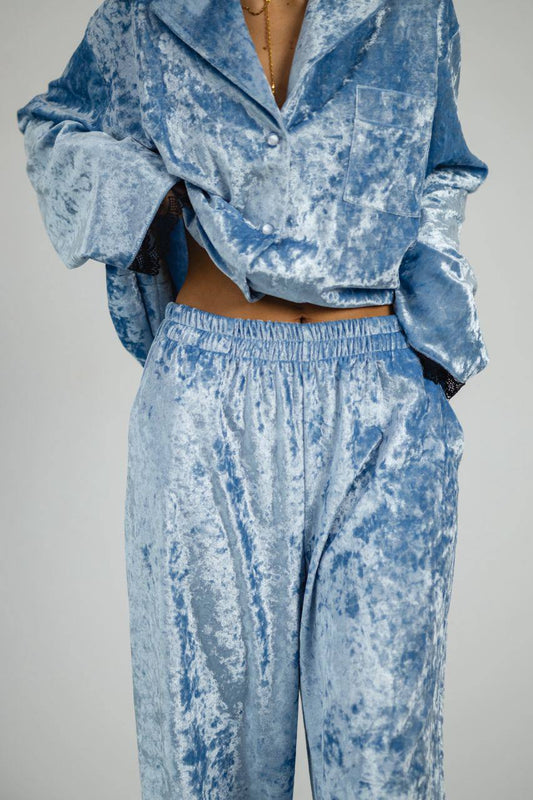 Жіноча піжама Тепла, Мармуровий Велюр плюш . Сорочка  та штани . Колір Блакитний QC