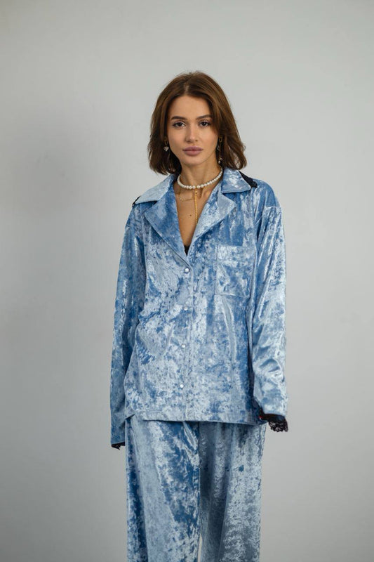 Жіноча піжама Тепла, Мармуровий Велюр плюш . Сорочка  та штани . Колір Блакитний QC