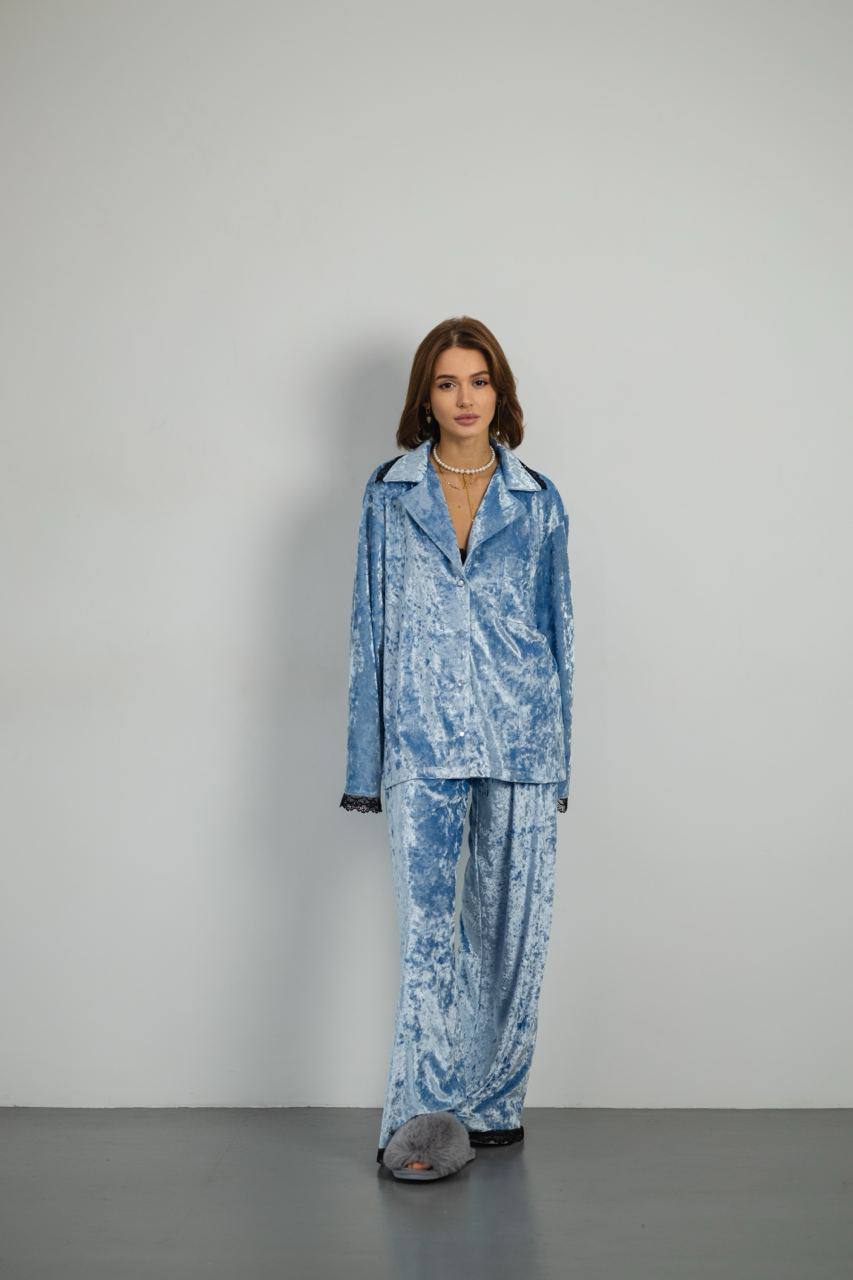 Жіноча піжама Тепла, Мармуровий Велюр плюш . Сорочка  та штани . Колір Блакитний QC