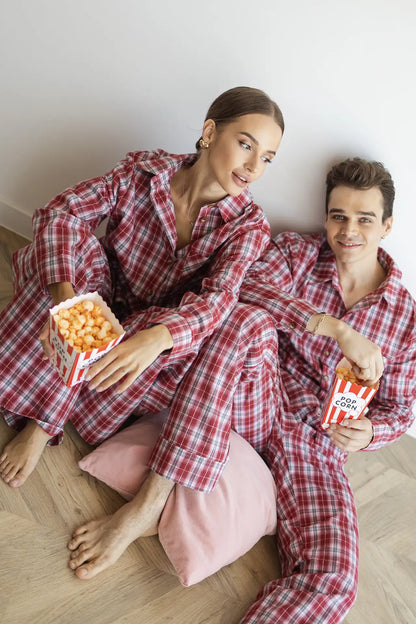 Тепла піжама жіночі в клітинку, колір червоний, з м’якої байкової тканини, комплект: сорочка з довгим рукавом і штани  