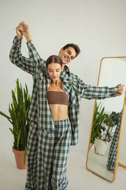 Тепла піжама жіноча в клітинку, зелений, з м’якої байкової тканини, комплект: сорочка та штани для затишку  