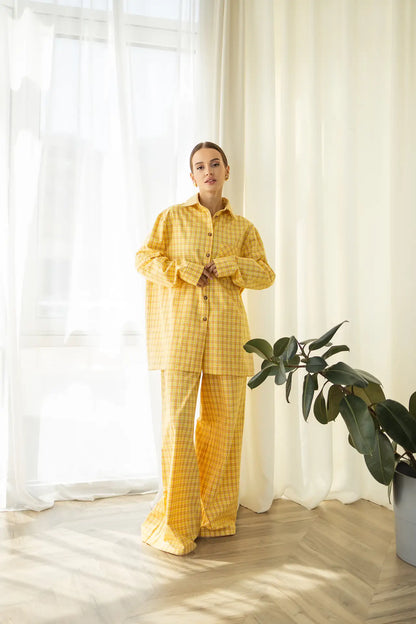 Тепла піжама жіноча в клітинку, жовтий, з м’якої байкової тканини, комплект: сорочка та штани для затишку