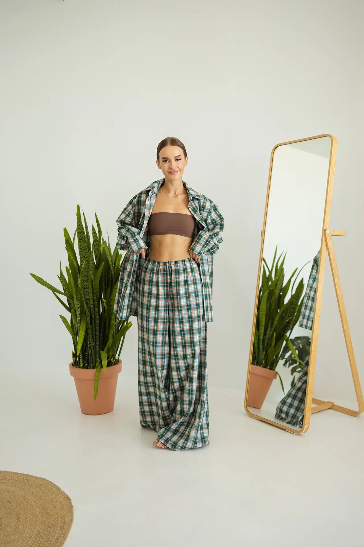 Жіноча тепла піжама в клітинку, зелений, з байки, довгий рукав і зручні штани – комфорт у спальні  