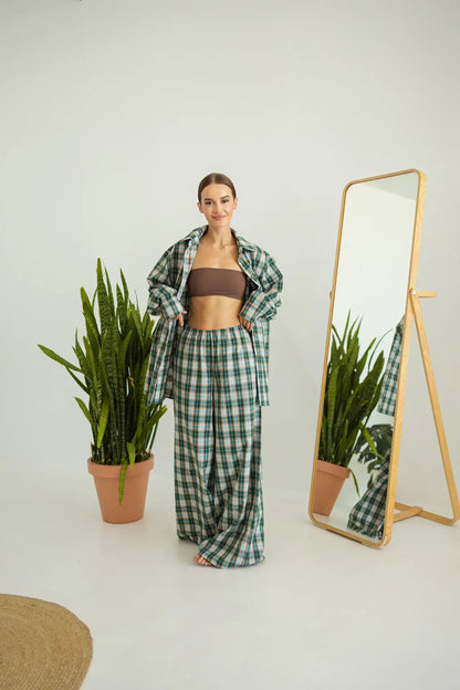 Жіноча тепла піжама в клітинку, зелений, з байки, довгий рукав і зручні штани – комфорт у спальні  