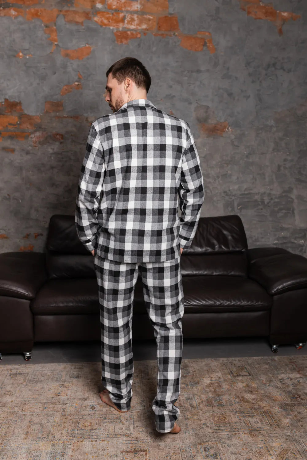 Чоловіча піжама в клітинку, тканина байка фланель, чорний і білий, тепла махрова піжама – ідеальна новорічна піжама для чоловіків.