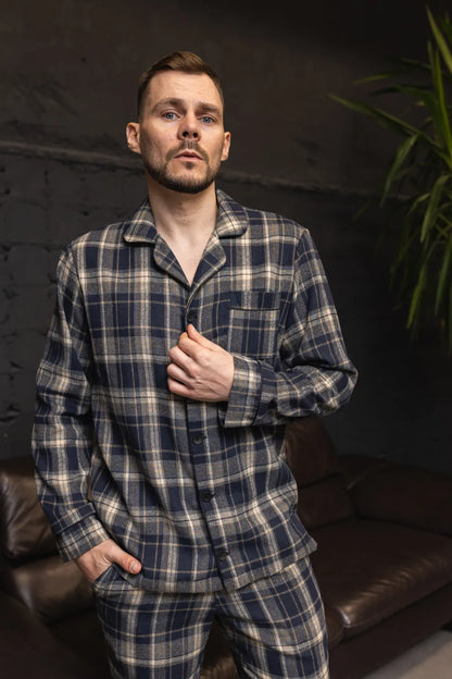 Тепла чоловіча піжама з бавовни, коричнево‑синій клітинка, сорочка і штани – стильна чоловіча піжама в клітинку, підходить для холодних ночей.  