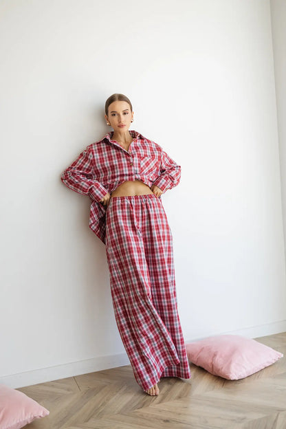 Жіноча тепла піжама в клітинку, колір червоний, з байки, довгий рукав і зручні штани – комфорт у спальні 