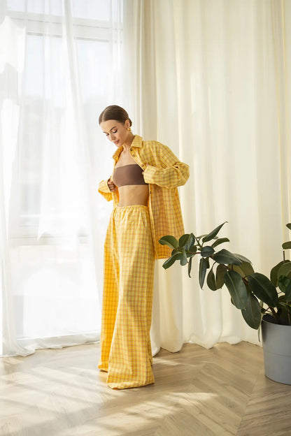 Жіноча тепла піжама в клітинку, жовтий, з байки, довгий рукав і зручні штани – комфорт у спальні 