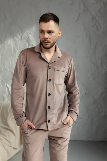 Тепла чоловіча піжама з велюрового плюшу, колір пудра ЧК – зимова піжама для дому, комфорт і стиль.  