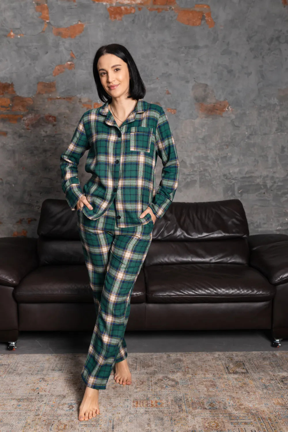 Елегантна зелена піжама ЧК: комплект сорочка з довгим рукавом і штани, котон преміум  