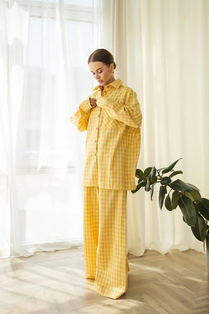 Тепла піжама жіночі в клітинку, жовтий, з м’якої байкової тканини, комплект: сорочка з довгим рукавом і штани