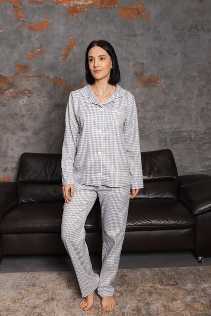 Люкс‑піжама в клітинку, жіночий сірий комплект: сорочка з довгим рукавом та штани з котону